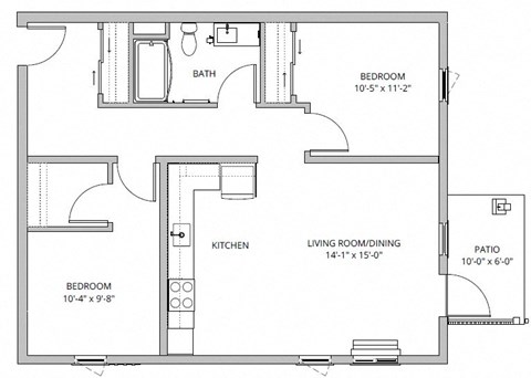 Floor plan for 2 beds, 1 bath, 900 sqft